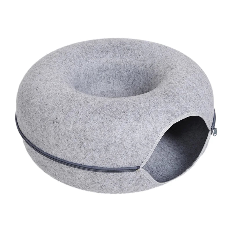 Donut Cat Tunnel Bed for 2 Cats – Interactive Felt Nest & Play Cave