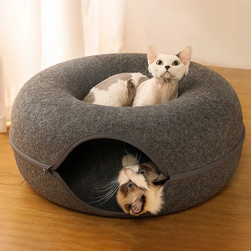 Donut Cat Tunnel Bed for 2 Cats – Interactive Felt Nest & Play Cave