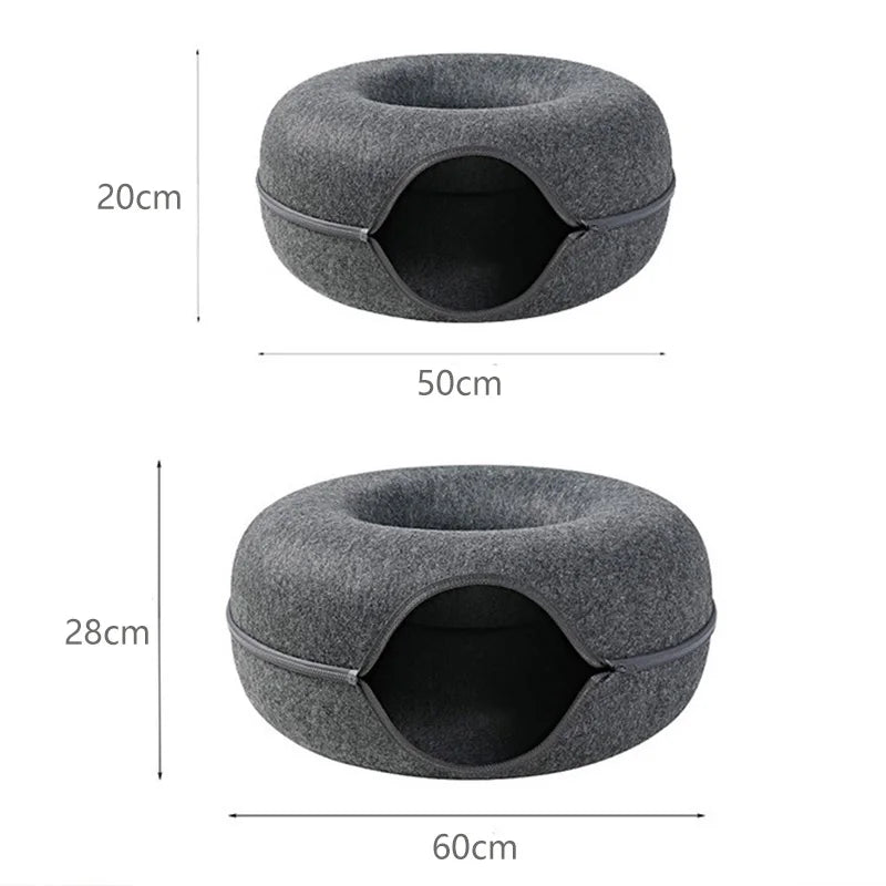Donut Cat Tunnel Bed for 2 Cats – Interactive Felt Nest & Play Cave