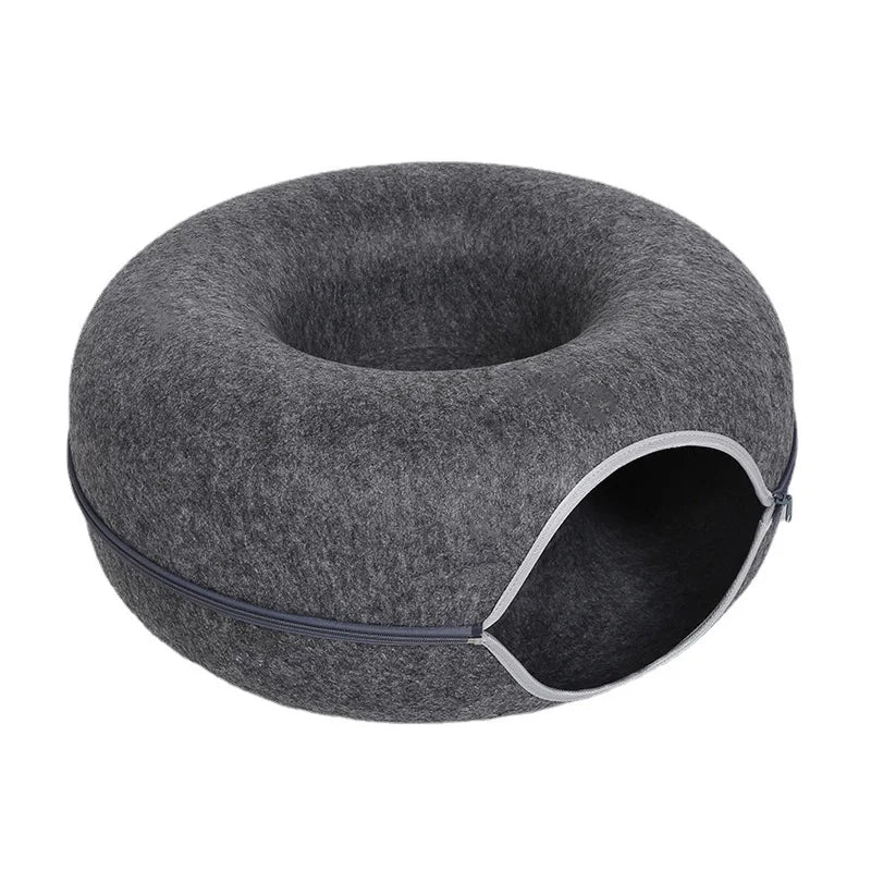 Donut Cat Tunnel Bed for 2 Cats – Interactive Felt Nest & Play Cave