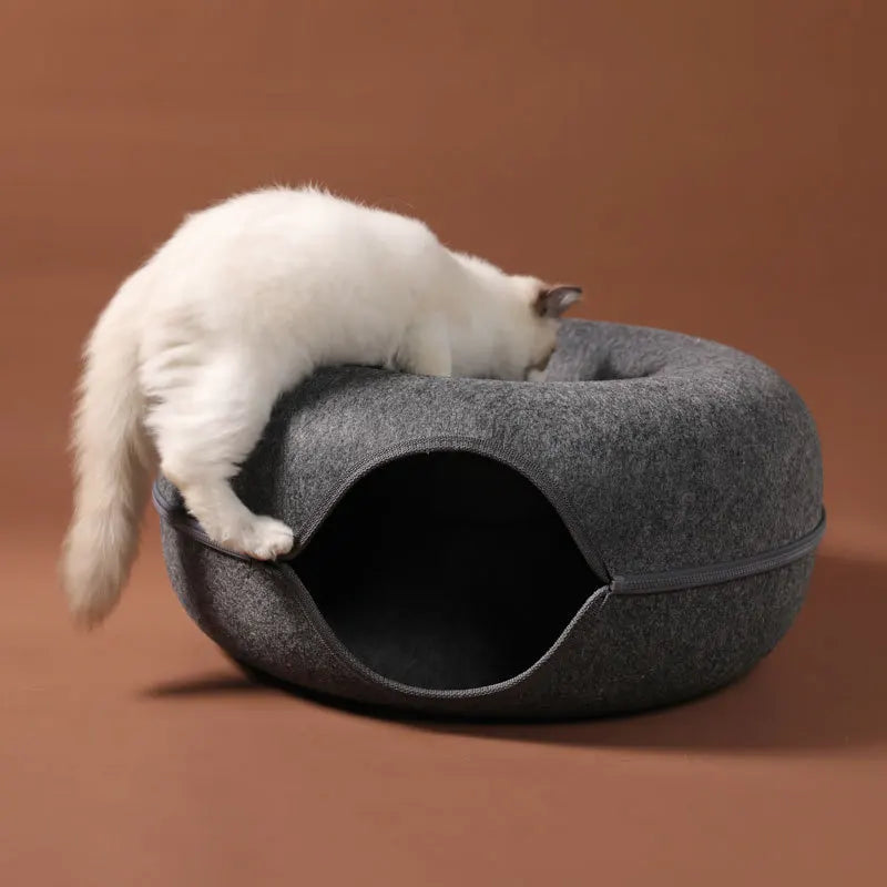 Donut Cat Tunnel Bed for 2 Cats – Interactive Felt Nest & Play Cave