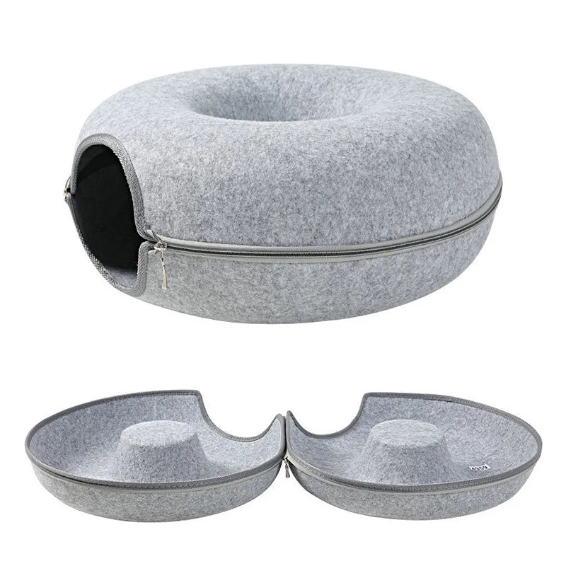 Donut Cat Tunnel Bed for 2 Cats – Interactive Felt Nest & Play Cave