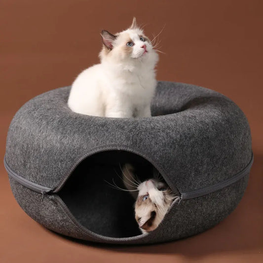 Donut Cat Tunnel Bed for 2 Cats – Interactive Felt Nest & Play Cave